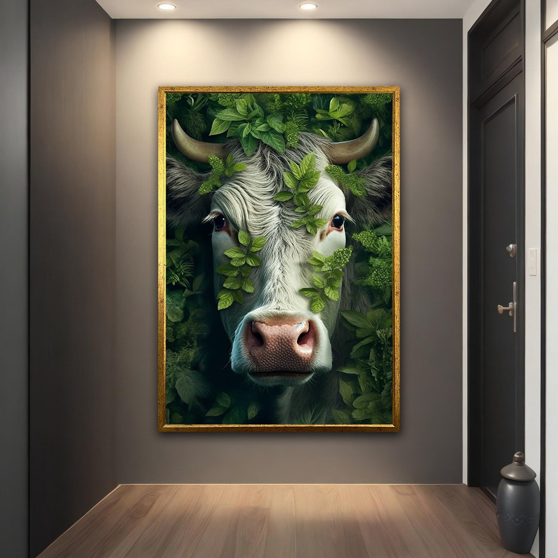 White Cow Face in Green Leaves Botanical Farm Animal Wall Art Print - Image 5