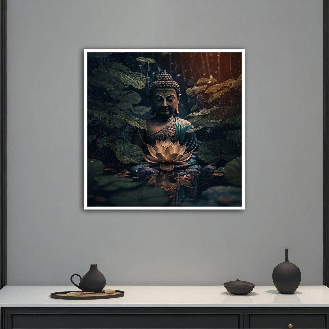 Buddha Lotus Flower Pond Dark Botanical Serene Meditation Wall Art Poster - Image 2