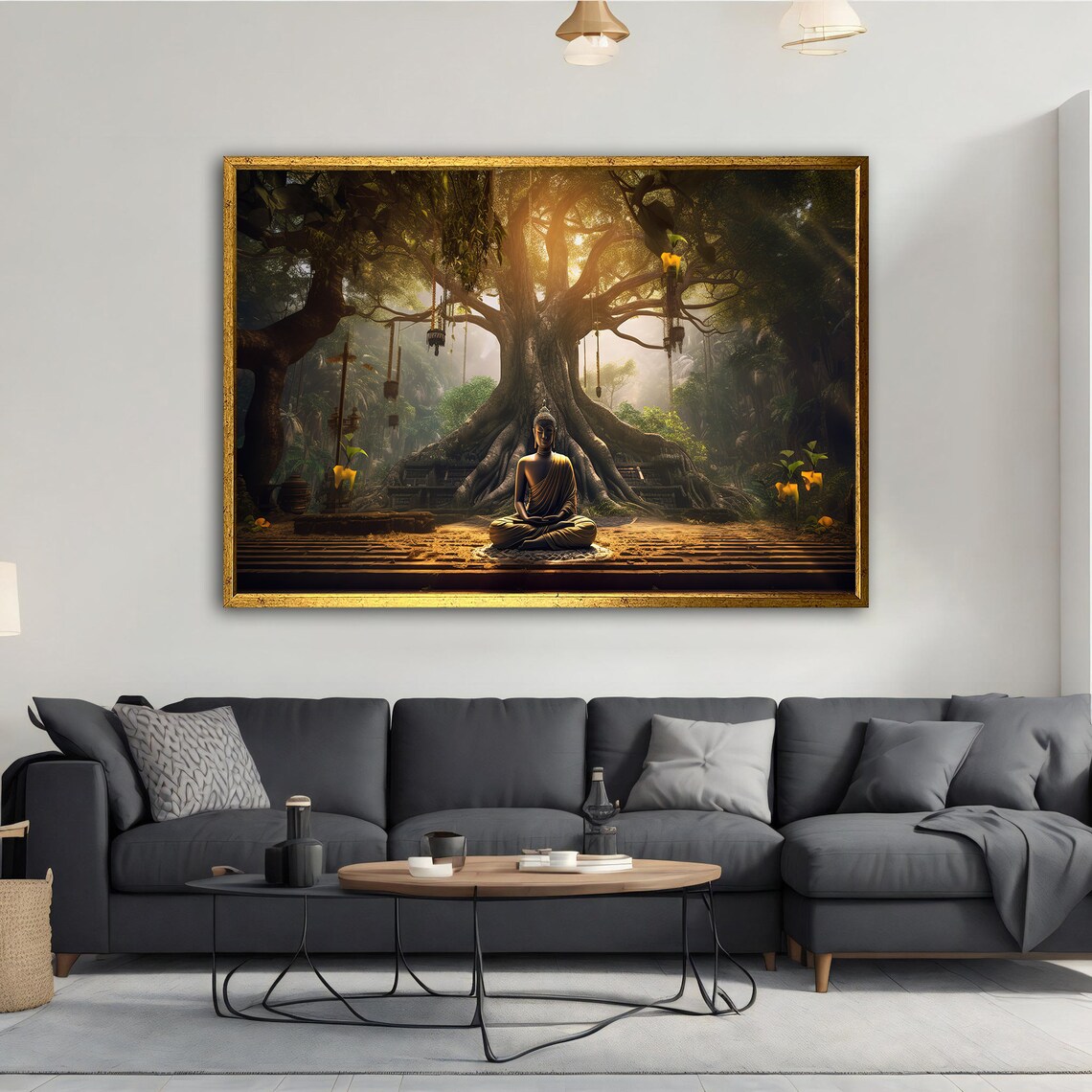 Buddha Meditating Under Banyan Tree Golden Temple Light Wall Art Poster - Image 5