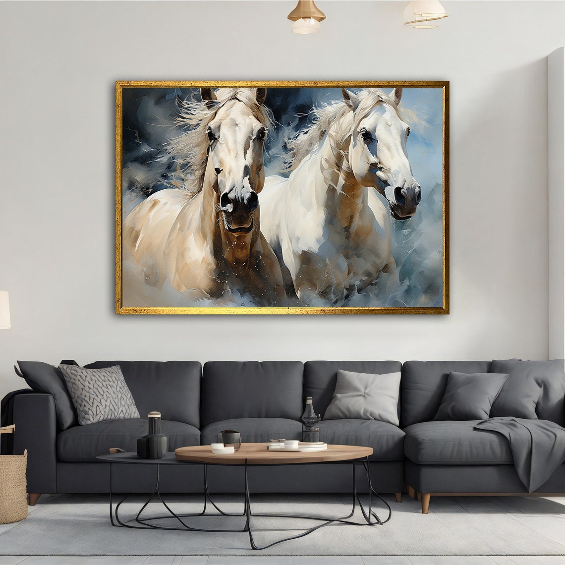 Two White Horses Running Wild Majestic Equine Painting Wall Art Poster - Image 2