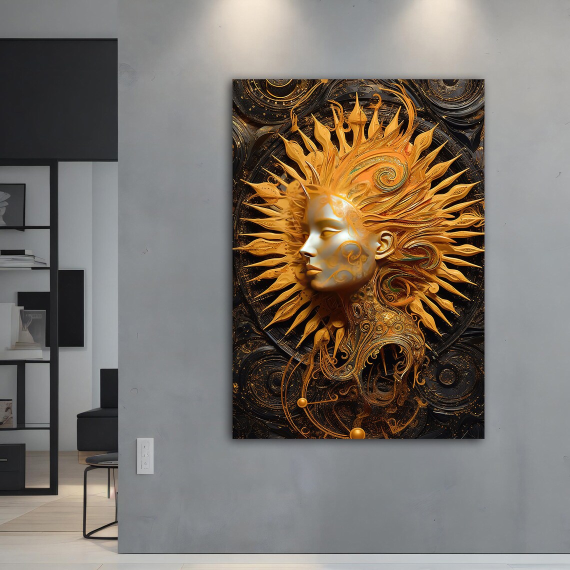 Golden Sun Goddess Radiant Face Baroque Flame Hair Black Art Poster - Image 4