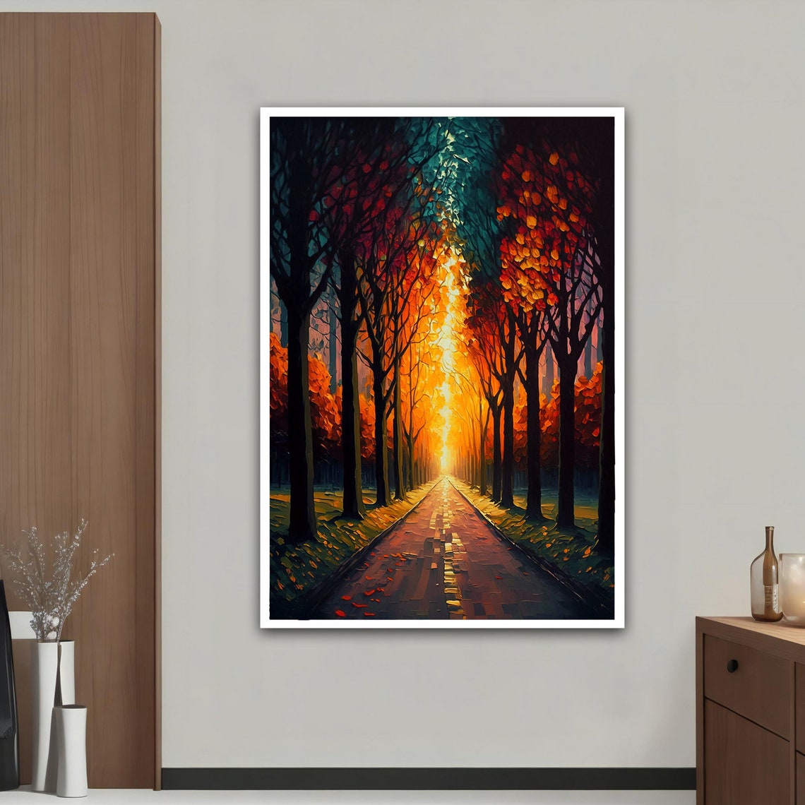 Forest Road at Sunset Autumn Trees Impasto Landscape Art Print - Image 4