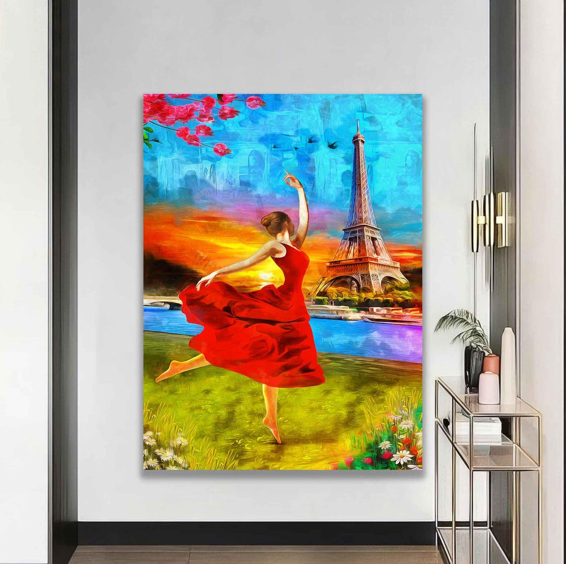 Eiffel Wall Art Paris Wall Art Woman In Paris Woman With Red Dress Wall Art Woman Painting Abstract Woman Print Paris