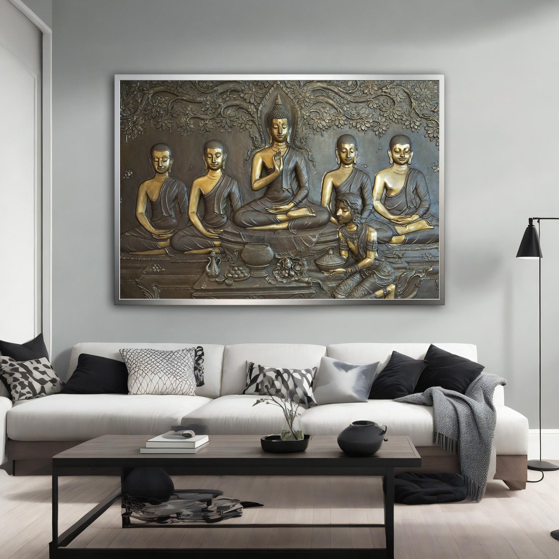Bronze Relief Buddha with Disciples Bodhi Tree Temple Art Poster - Image 5