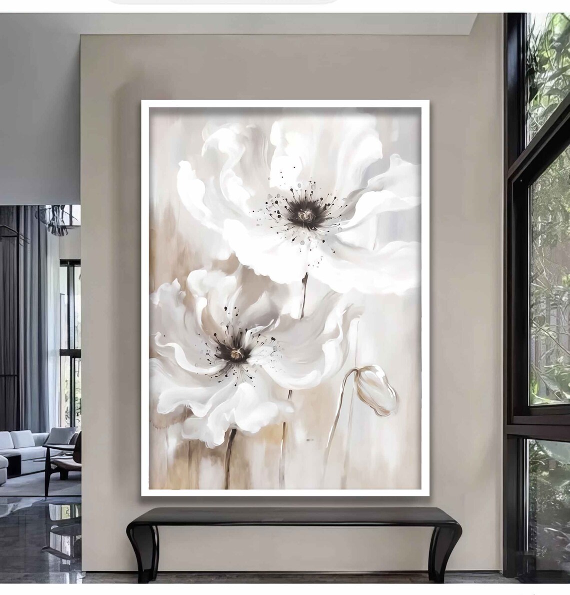 White Poppies Watercolor Flowers On Neutral Beige Art Poster - Image 4