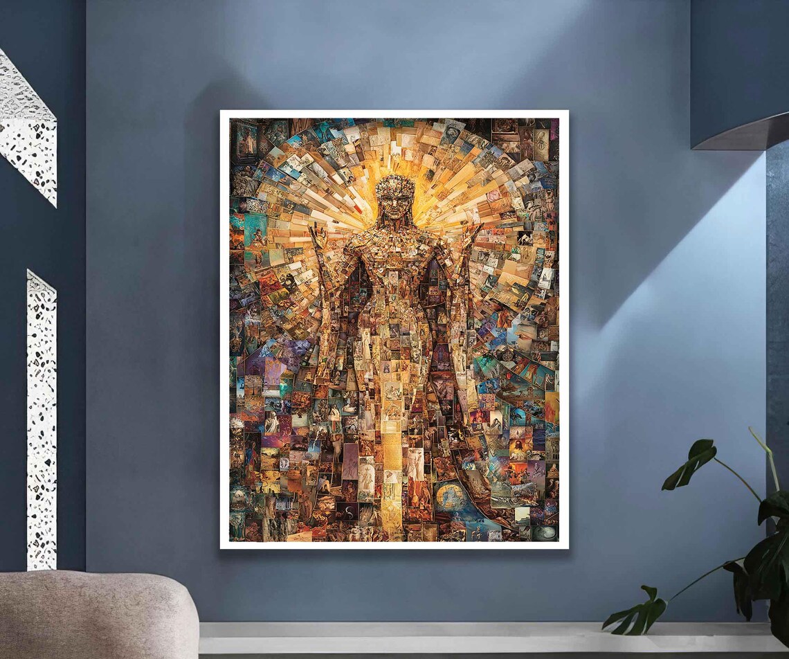 Golden Mosaic Woman Portrait Sunburst Radiant Collage Modern Art Poster - Image 2