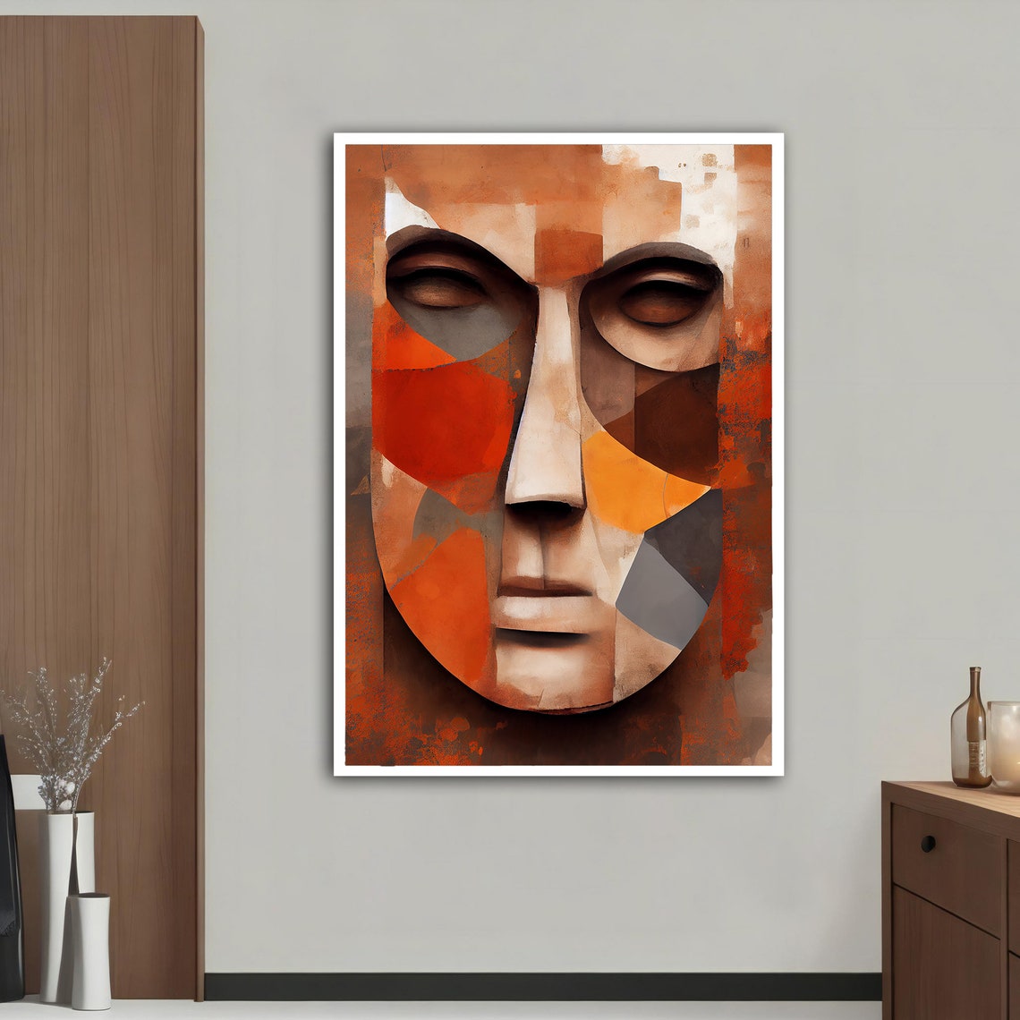 Terracotta Geometric Abstract Surreal Face Mask Modern Art Poster - Image 3