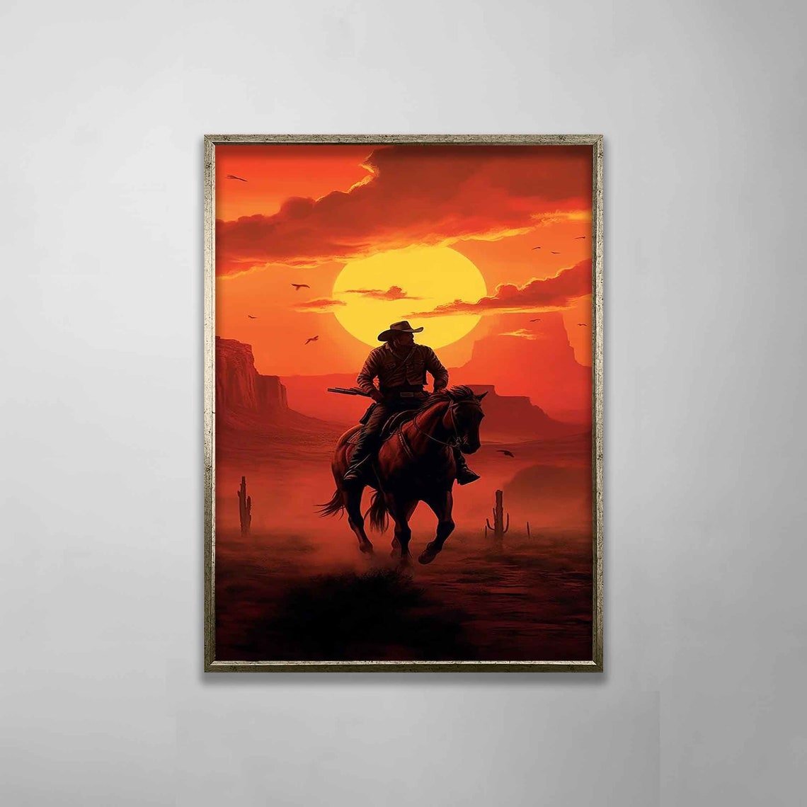 Cowboy Riding Horse Red Desert Sunset Western Epic Landscape Poster - Image 5