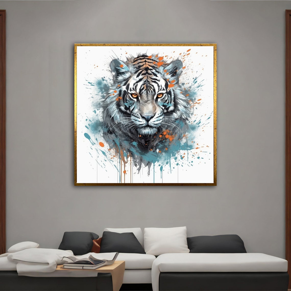 White Tiger Face Watercolor With Blue And Orange Paint Splashes Poster - Image 4