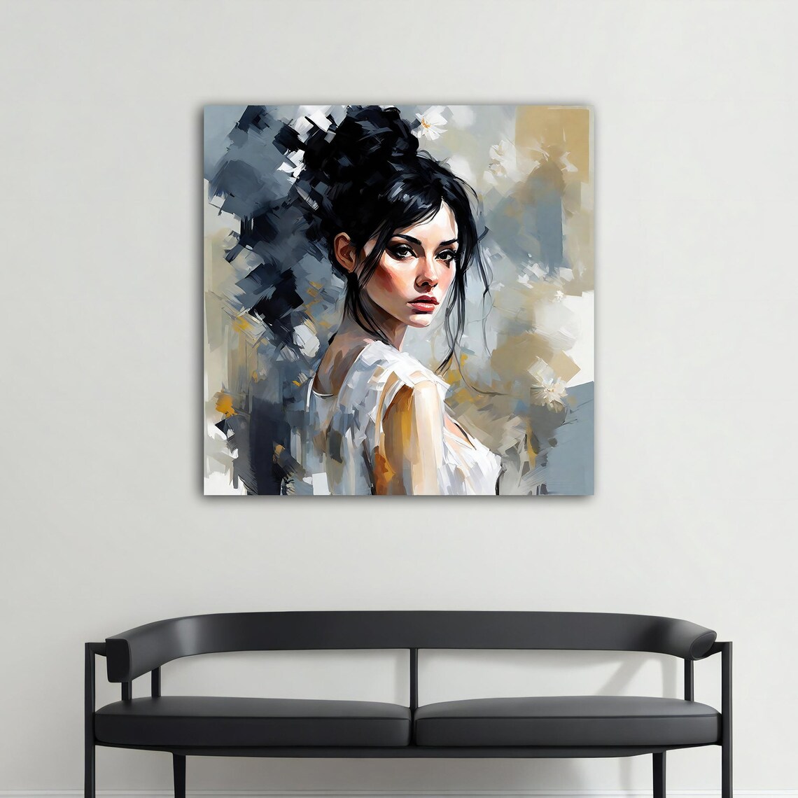 Modern Woman With Dark Hair Bun In Gray Black And Gold Poster - Image 3