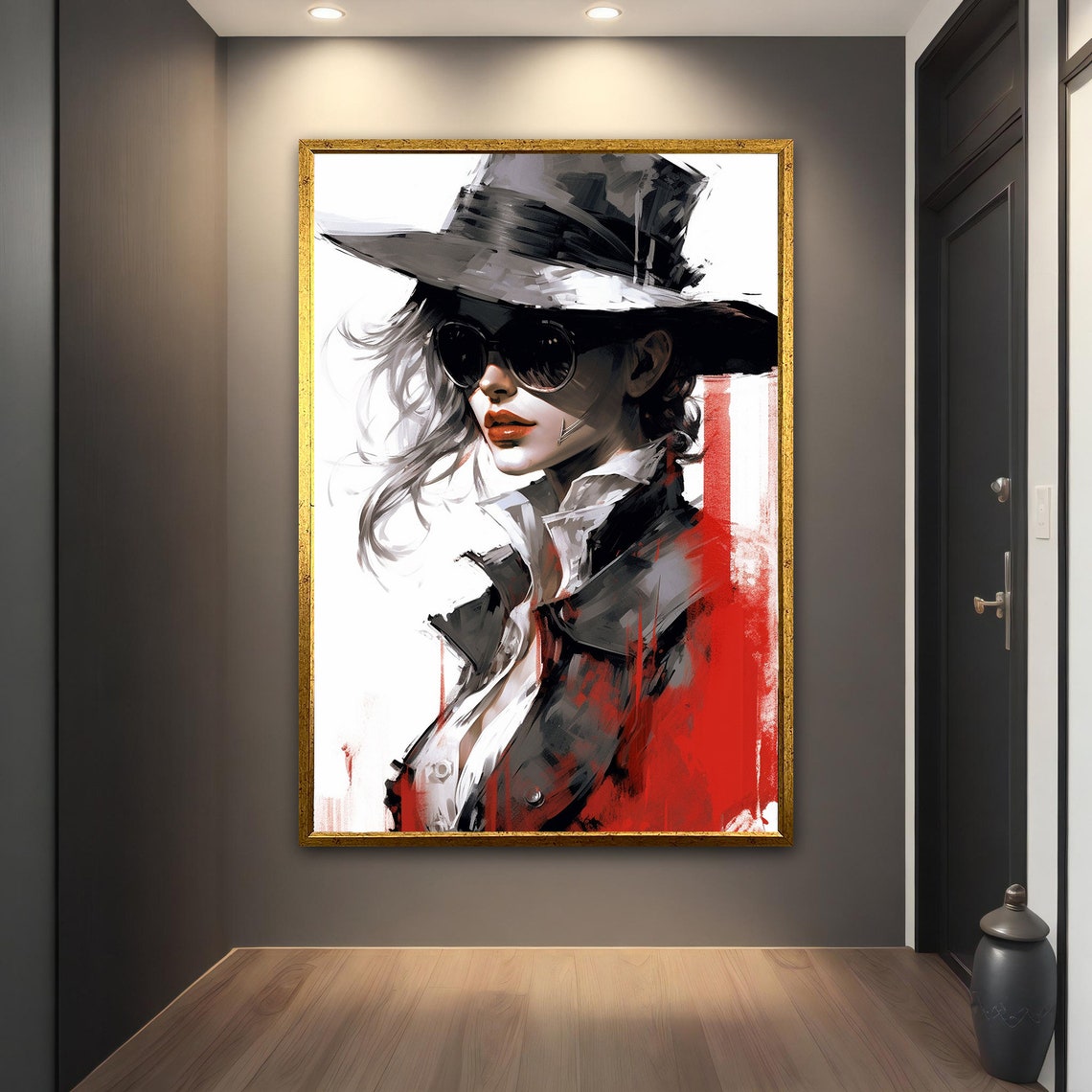 Woman Fedora Sunglasses Red Lips Bold Fashion Illustration Art Poster - Image 2
