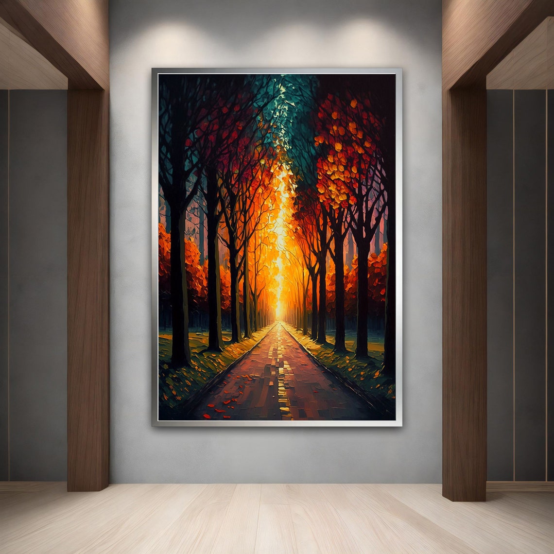 Forest Road at Sunset Autumn Trees Impasto Landscape Art Print - Image 3