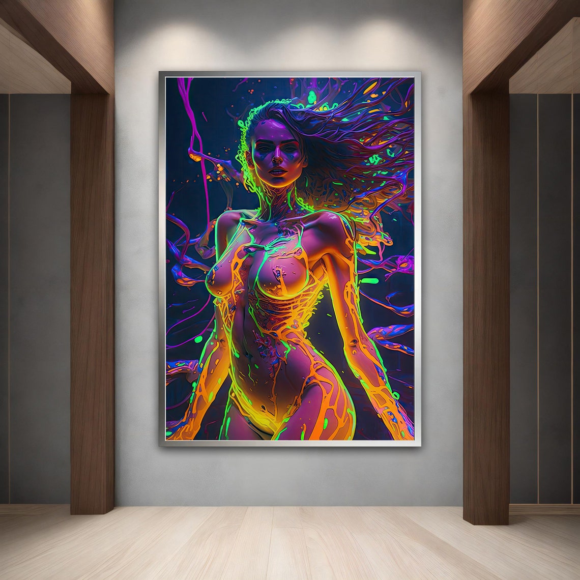 Neon Paint Woman Flowing Hair Glowing Abstract Art Print Poster - Image 3