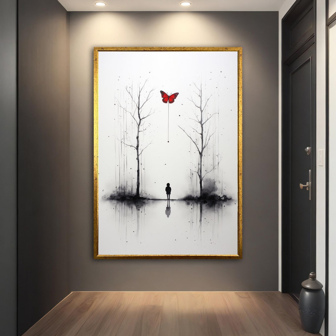 Minimalist Ink Child Between Bare Trees With Red Butterfly Poster - Image 4