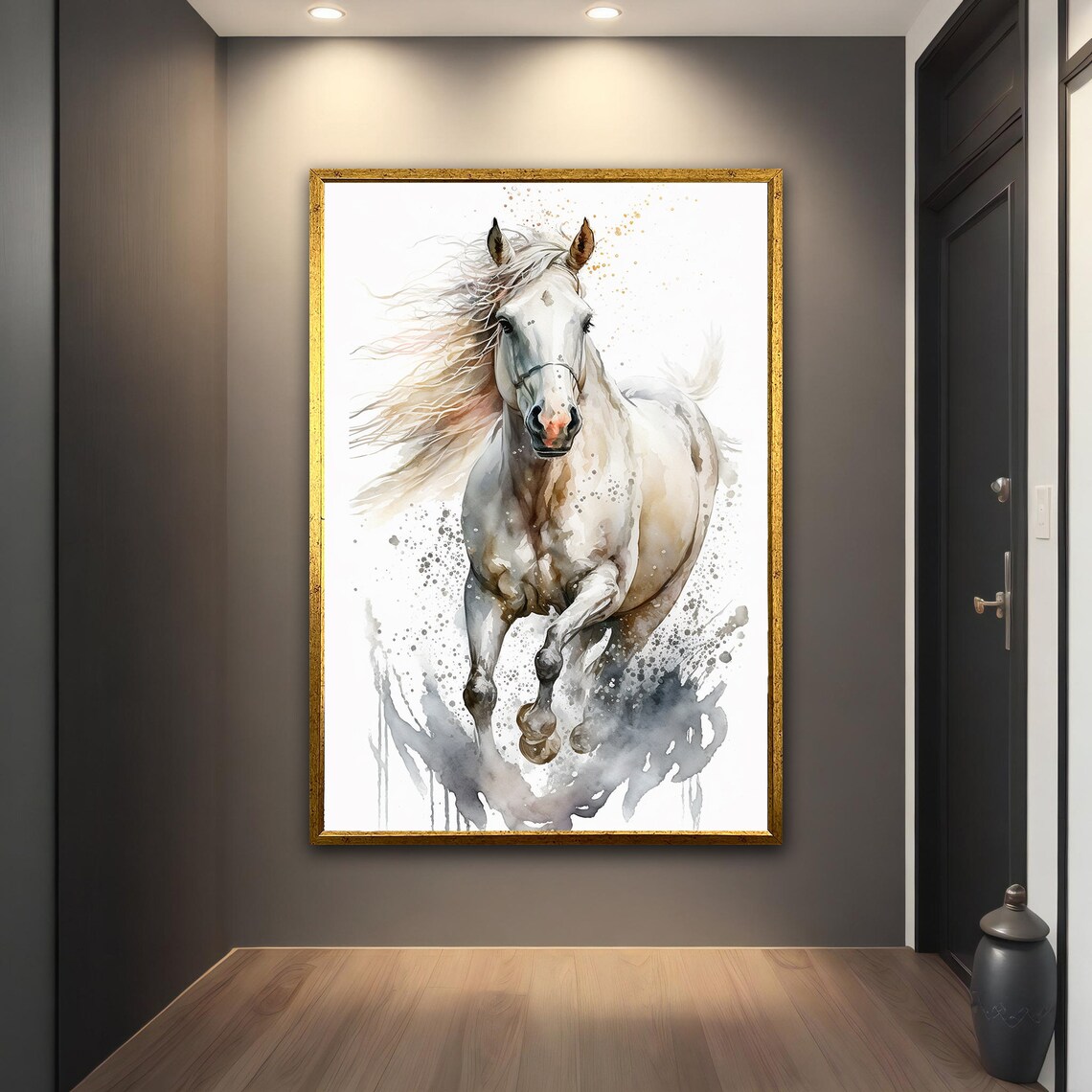 Galloping White Horse Watercolor Motion Animal Wall Art Poster - Image 5
