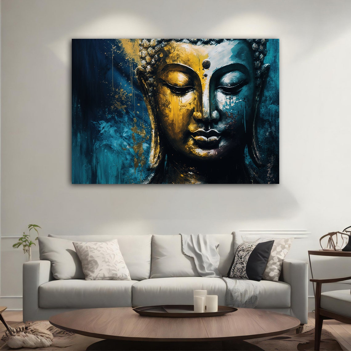 Golden Buddha Face Blue and Gold Meditation Zen Wall Art Poster - Image 4