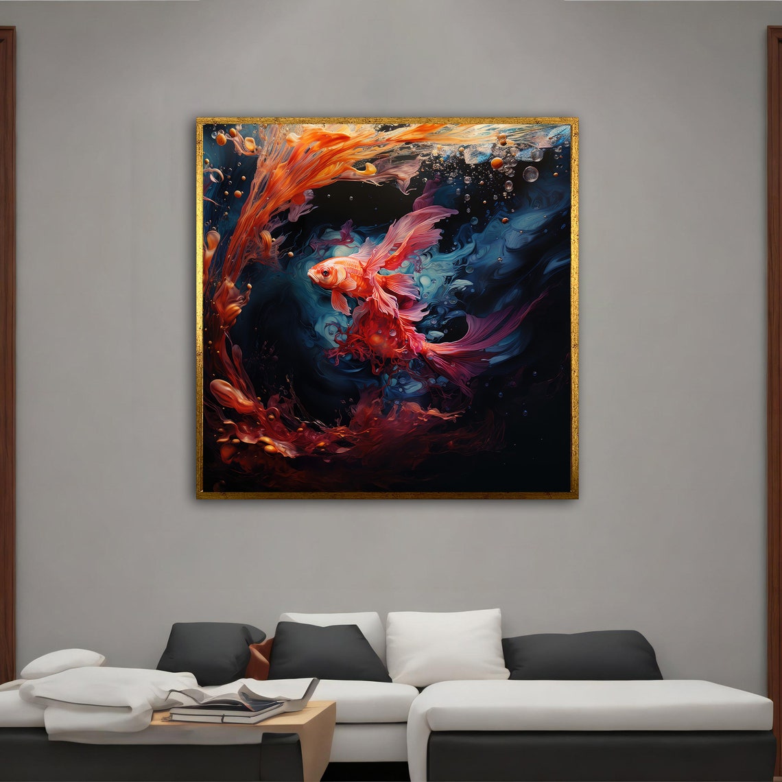 Orange Koi Fish Swimming In Dark Swirling Ink Water Art Poster - Image 2