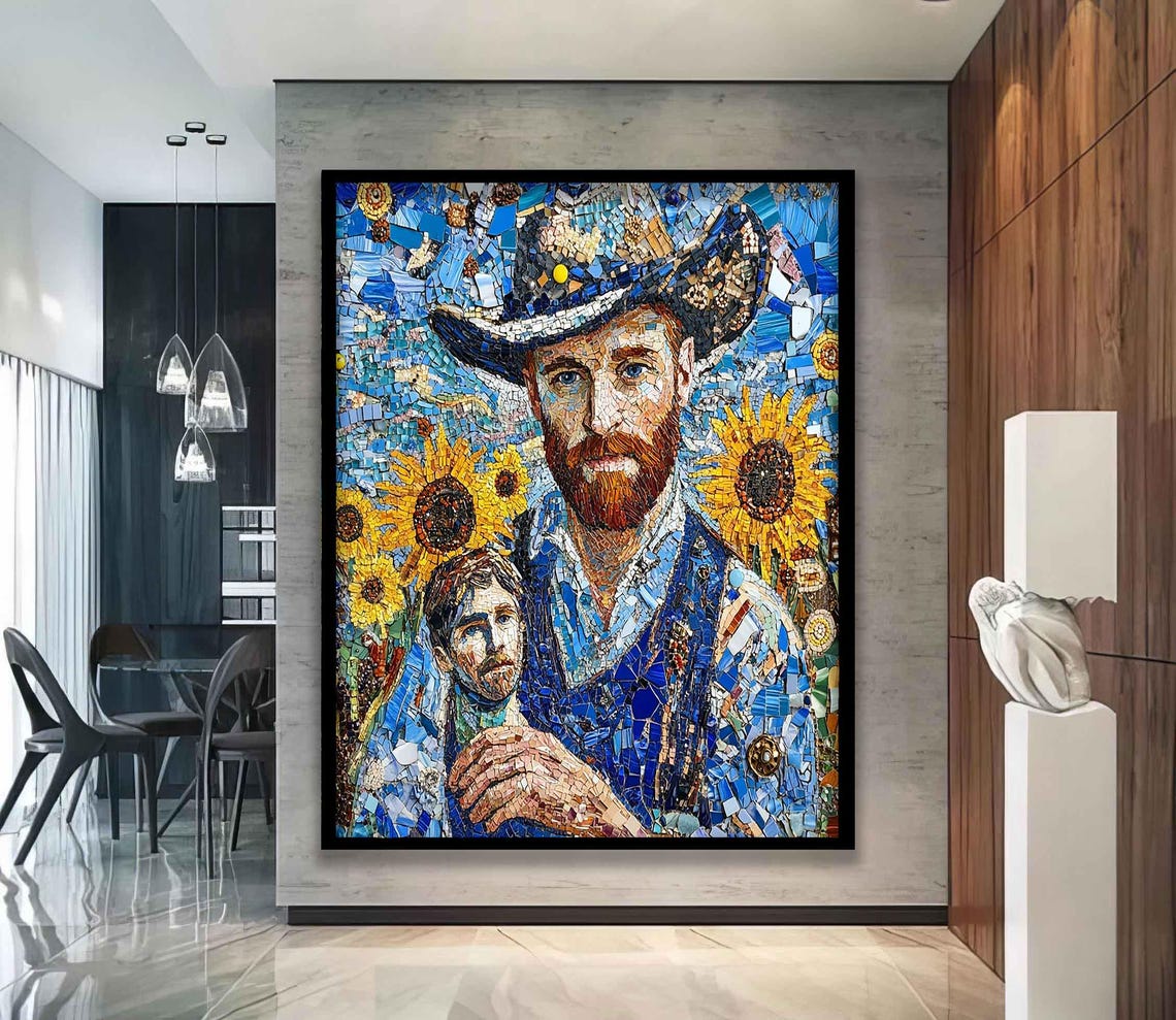 Van Gogh Mosaic Portrait Sunflowers Blue Tile Art Wall Poster - Image 4