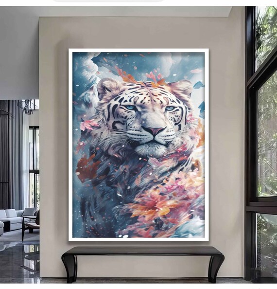 White Tiger With Autumn Leaves Watercolor Wildlife Art Poster