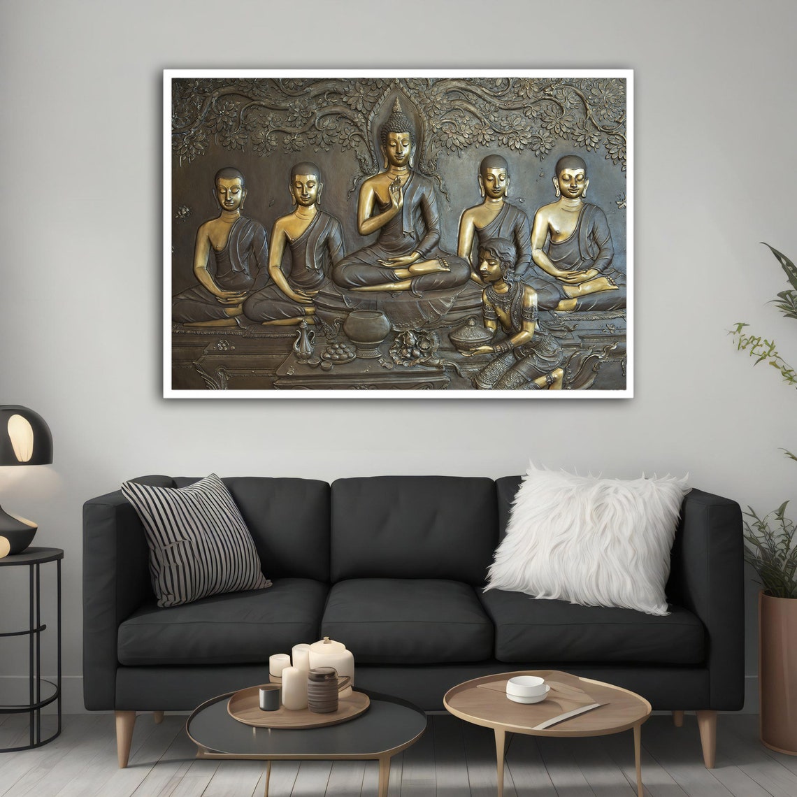 Bronze Relief Buddha with Disciples Bodhi Tree Temple Art Poster - Image 2