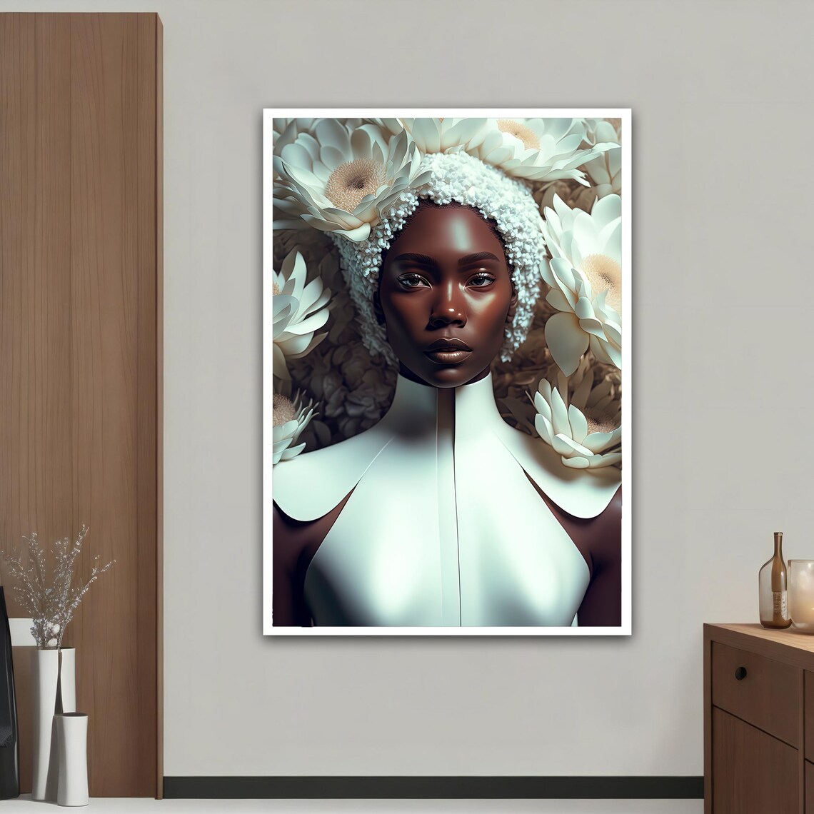 African Woman White Floral Headpiece Elegant Portrait Art Poster - Image 4
