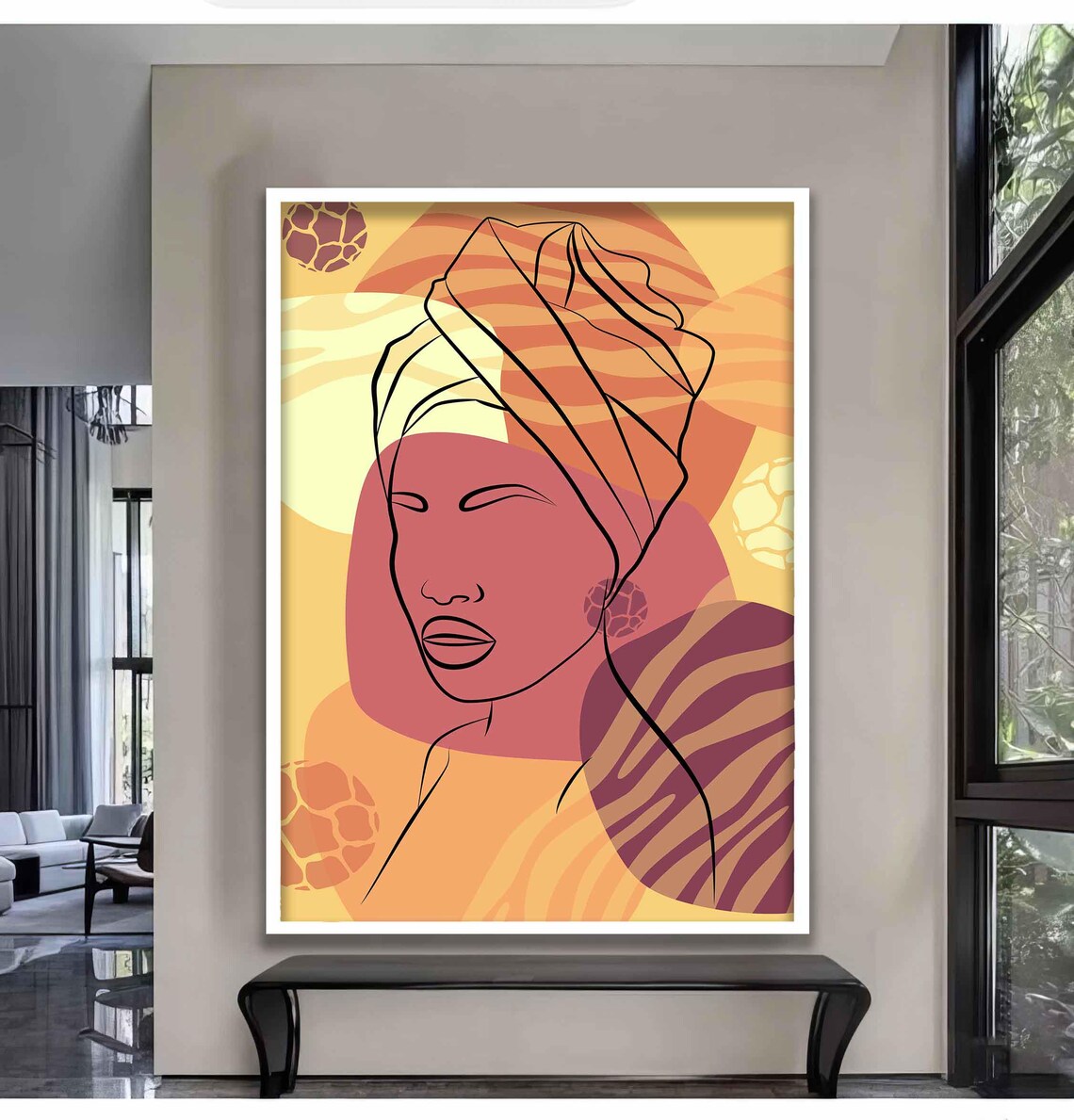 African Woman Line Art Headwrap Sunset Orange Boho Tribal Woman Poster - Image 3