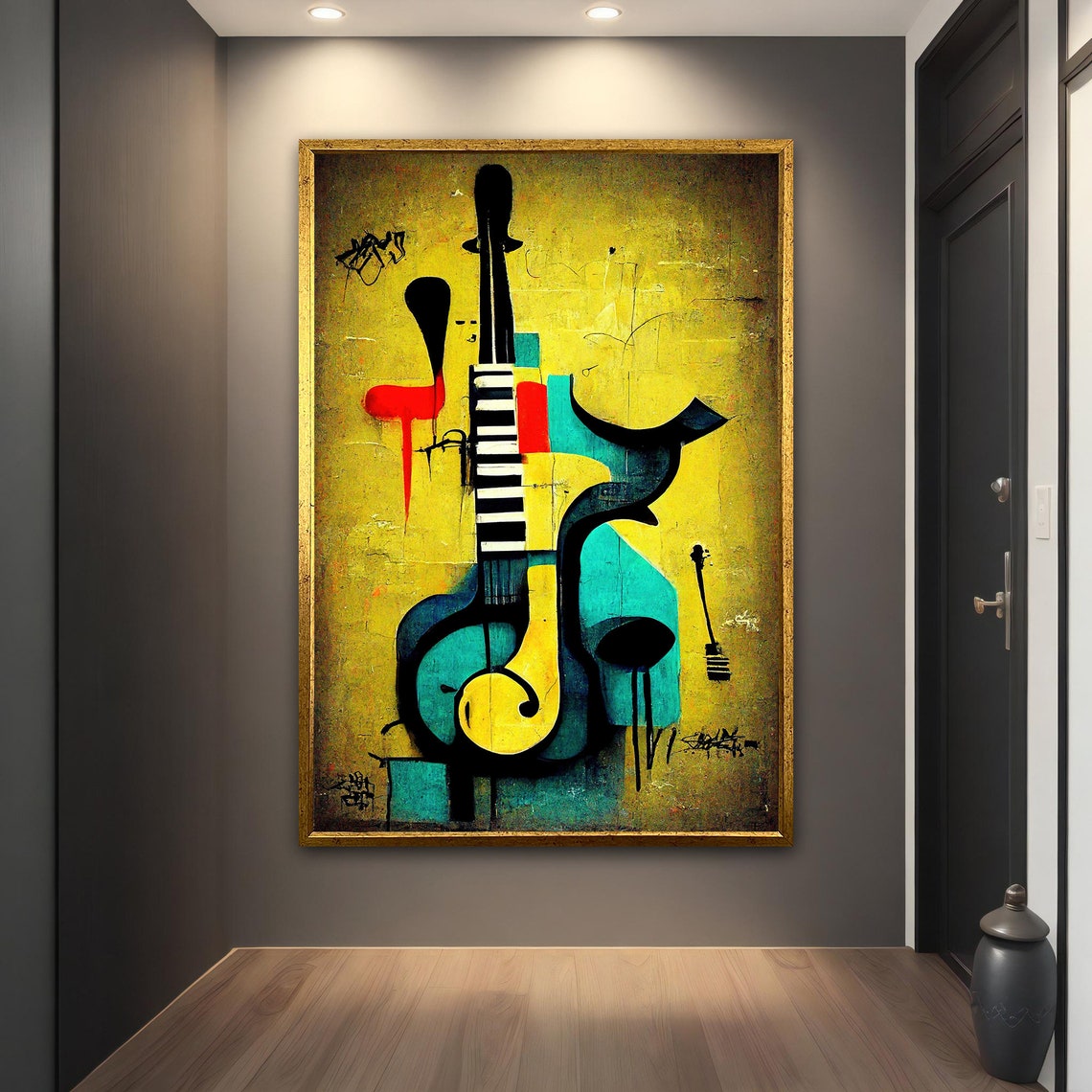 Abstract Cubist Guitar Yellow Background Colorful Music Art Print - Image 2