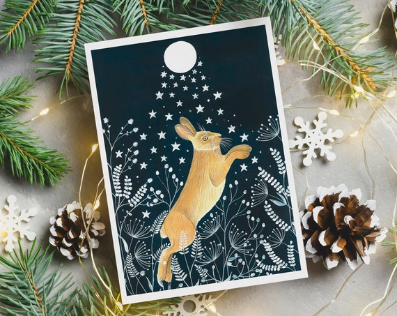 Christmas Cards Pack of 10, Hare Moonlight Holiday Art Print