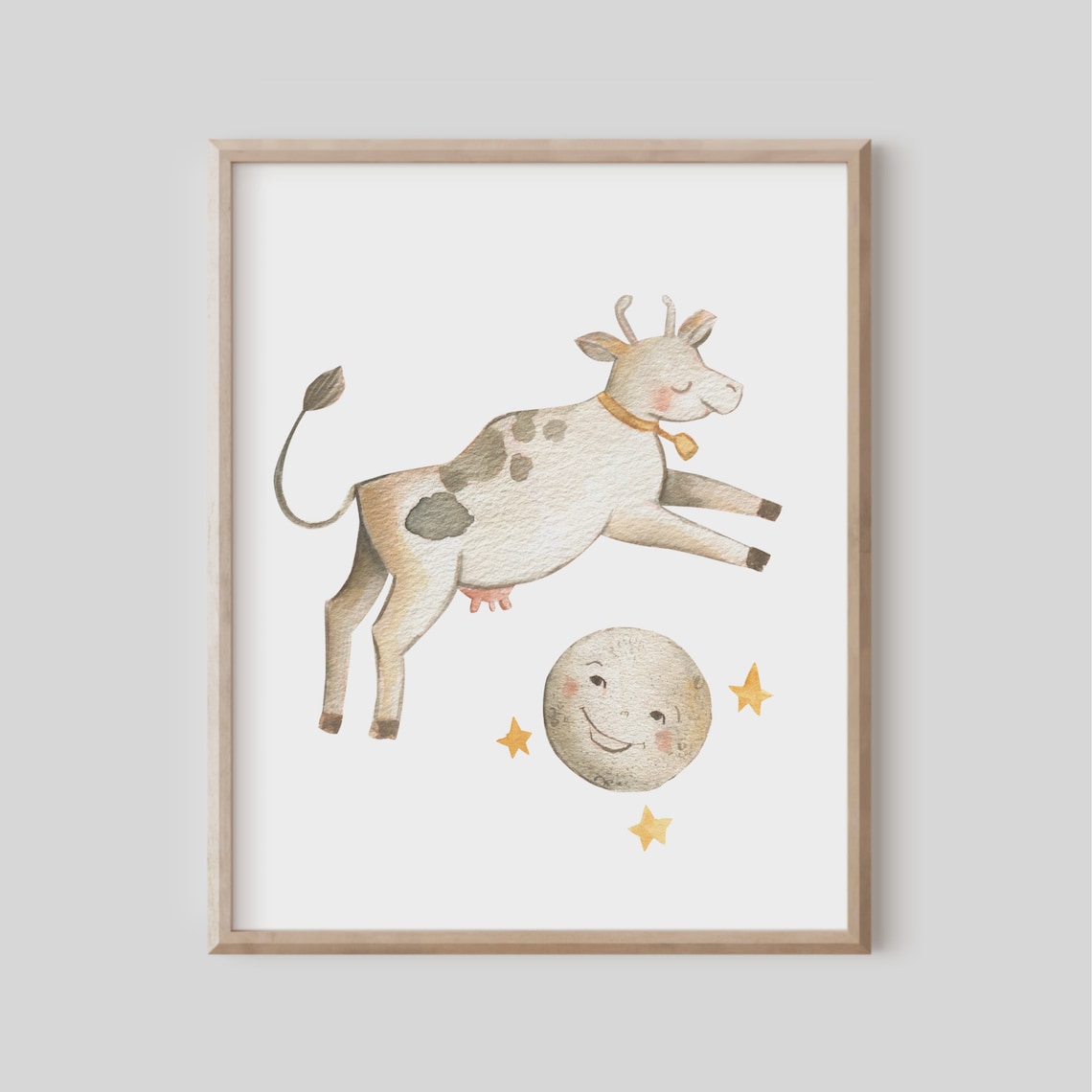 The Cow Jumped Over Moon Watercolor Nursery Rhyme Wall Art Mother Goose Gender Neutral Girl Baby Boy Monotone
