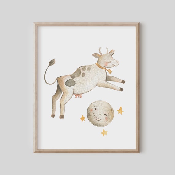 The Cow Jumped Over Moon Watercolor Nursery Rhyme Wall Art Mother Goose Gender Neutral Girl Baby Boy Monotone