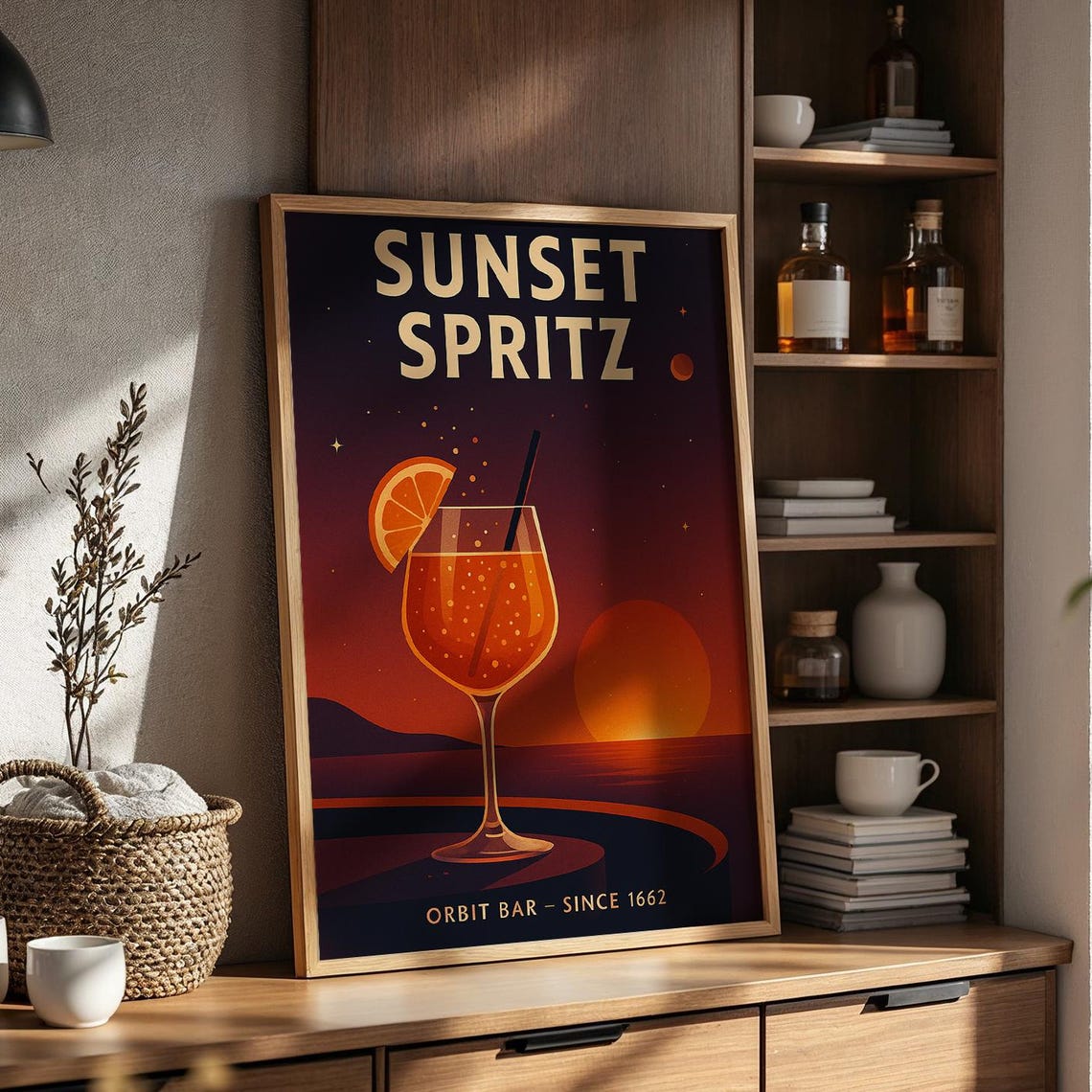 Retro Space Age Cocktail Poster, Sunset Spritz Bar Art
