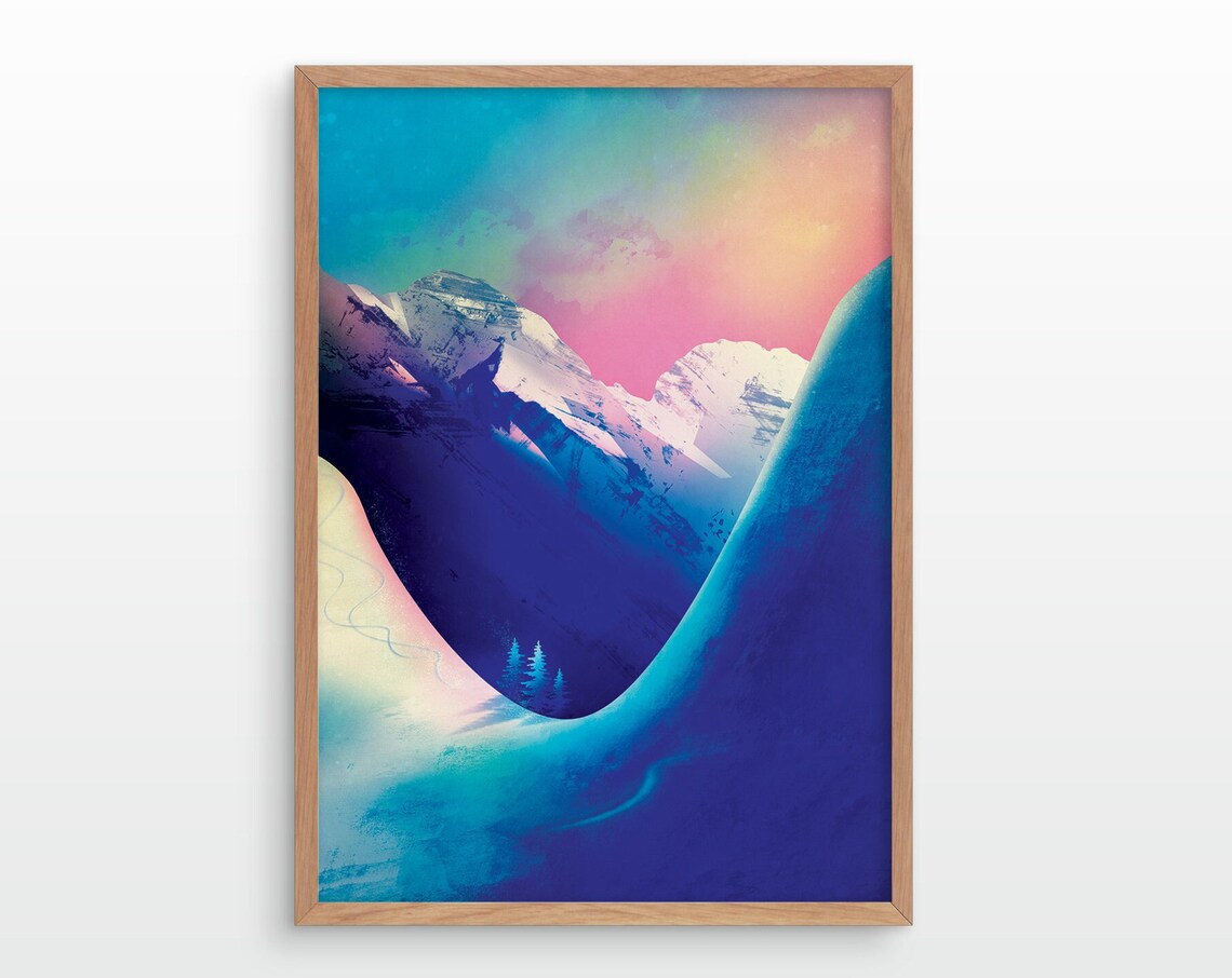 Snowy Mountain Sunrise Winter Landscape Art Poster in Blue and Pink