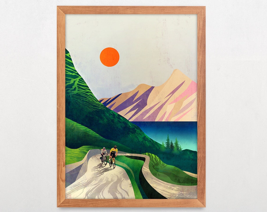 Road Cyclists Climbing a Winding Mountain Road by the Lake Poster