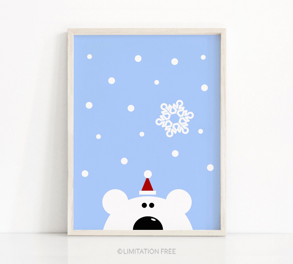 Polar Bear Christmas Art Print, Winter Holiday Decor