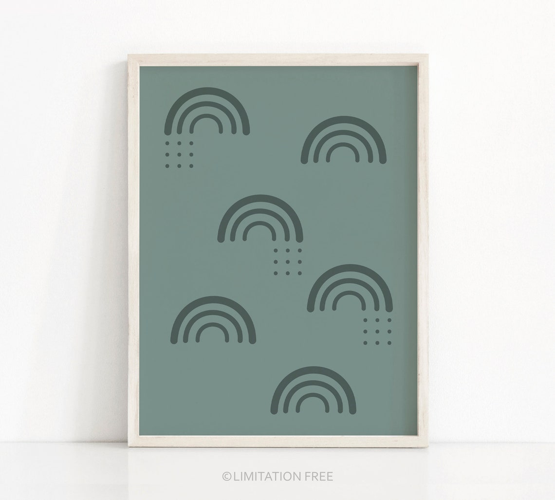 Dark Sage Green Rainbow Pattern Nursery Print Boho Kids Wall Art