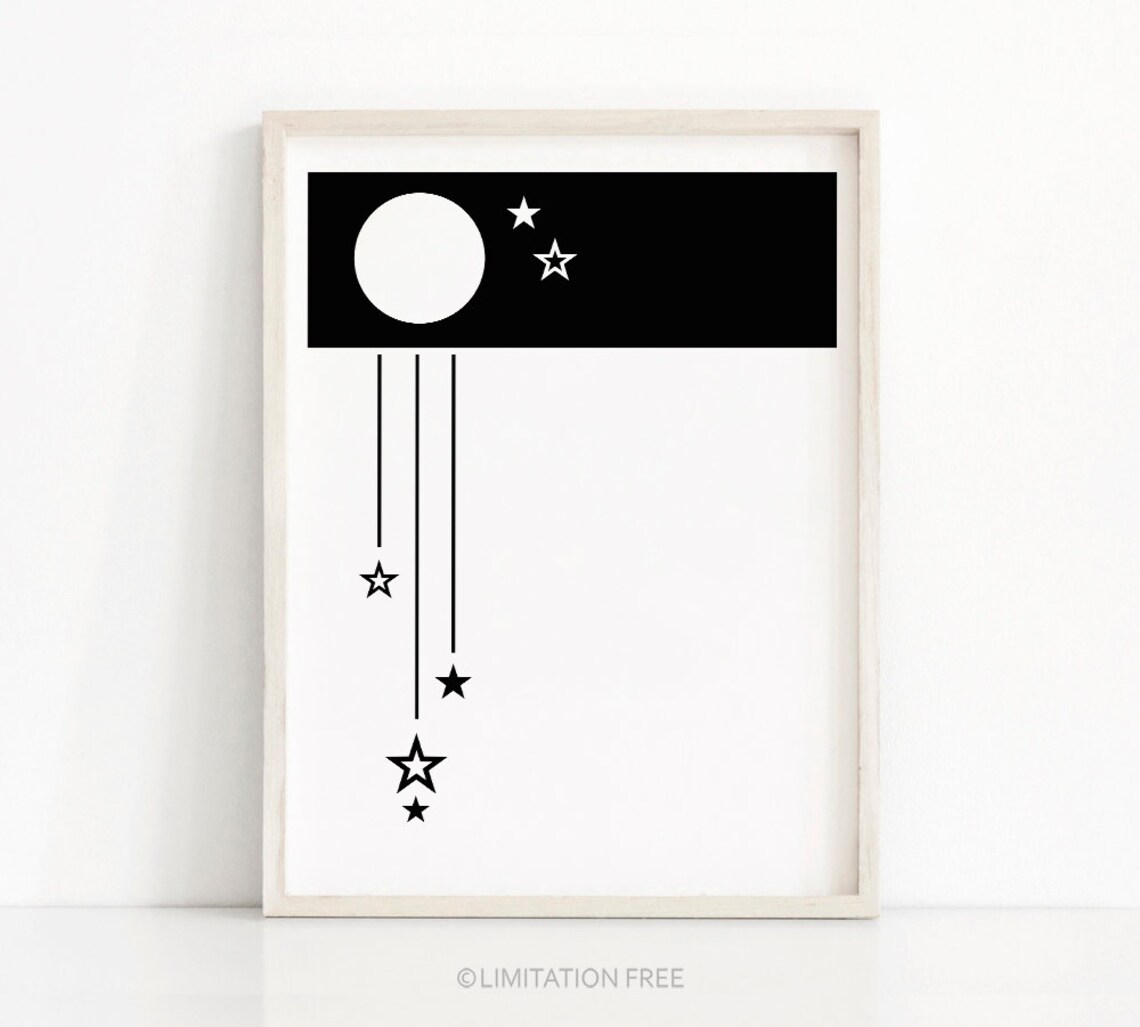 Moon And Stars Nursery Art Print, Monochrome Decor