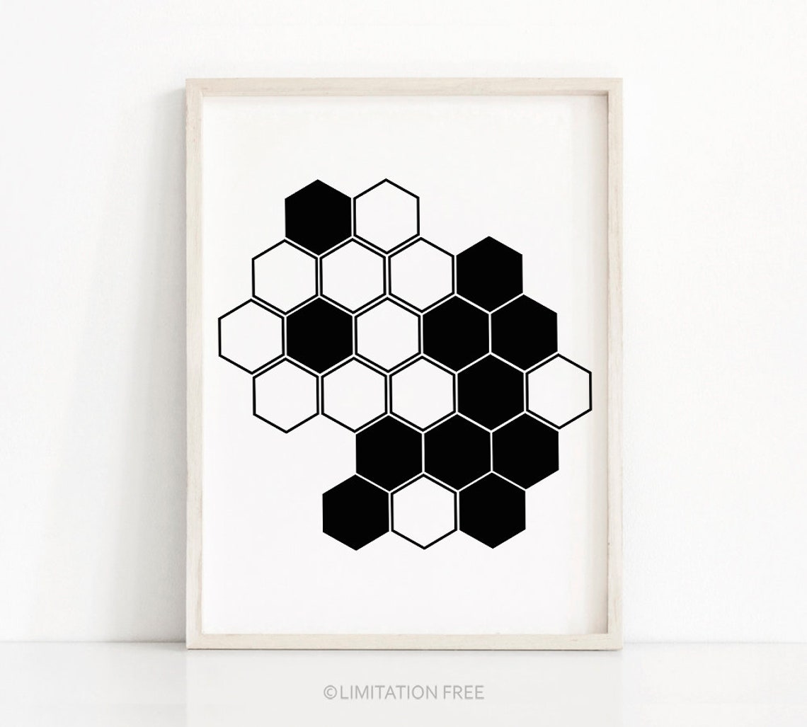 Black And White Hexagon Grid Geometric Abstract Minimalist Wall Print