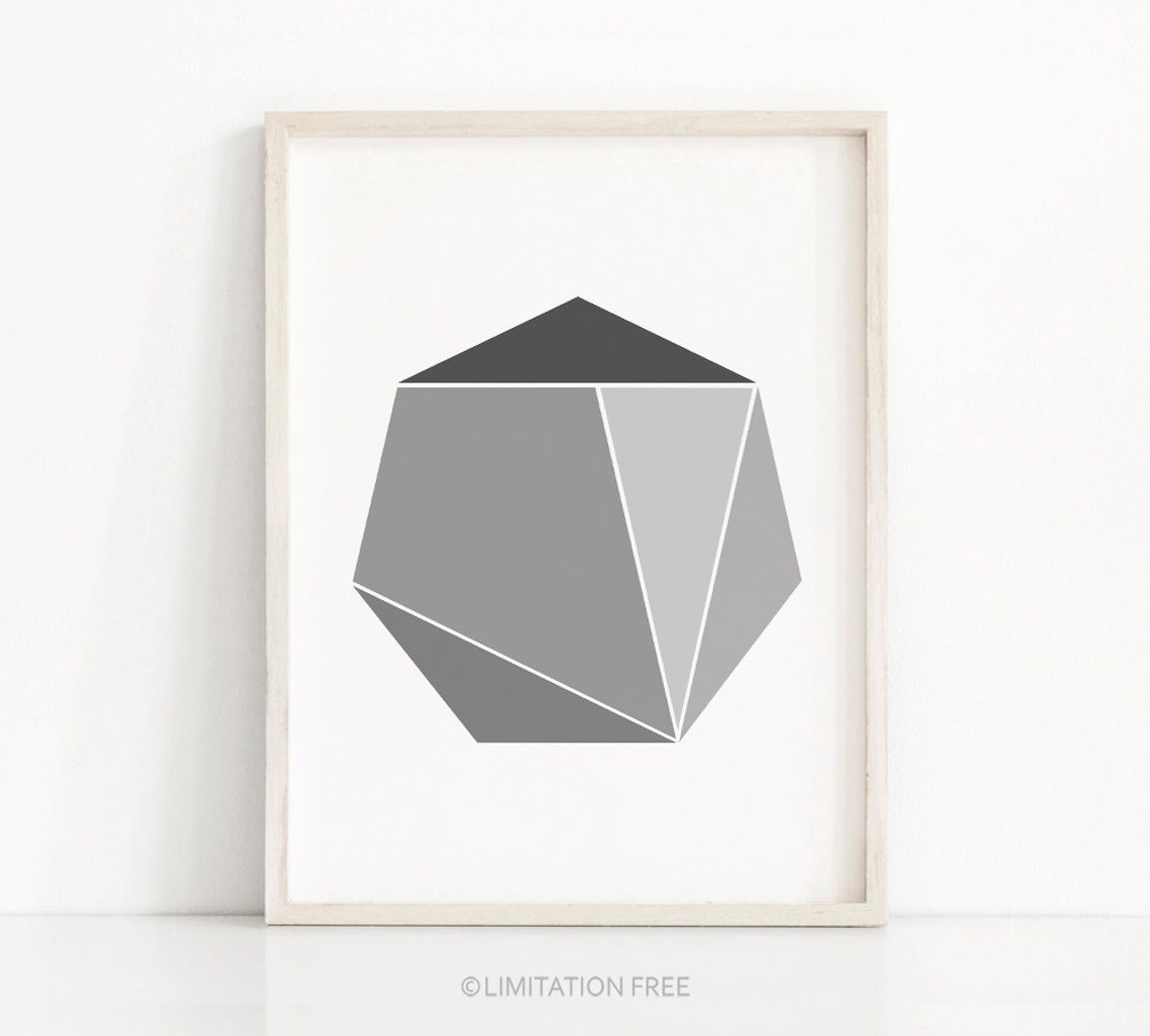 Gray Geometric Faceted Polygon Abstract Modern Minimalist Wall Print
