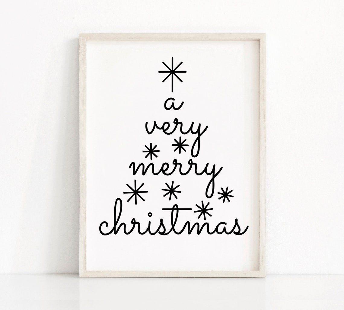 A Very Merry Christmas Script Tree Shape Black And White Wall Print