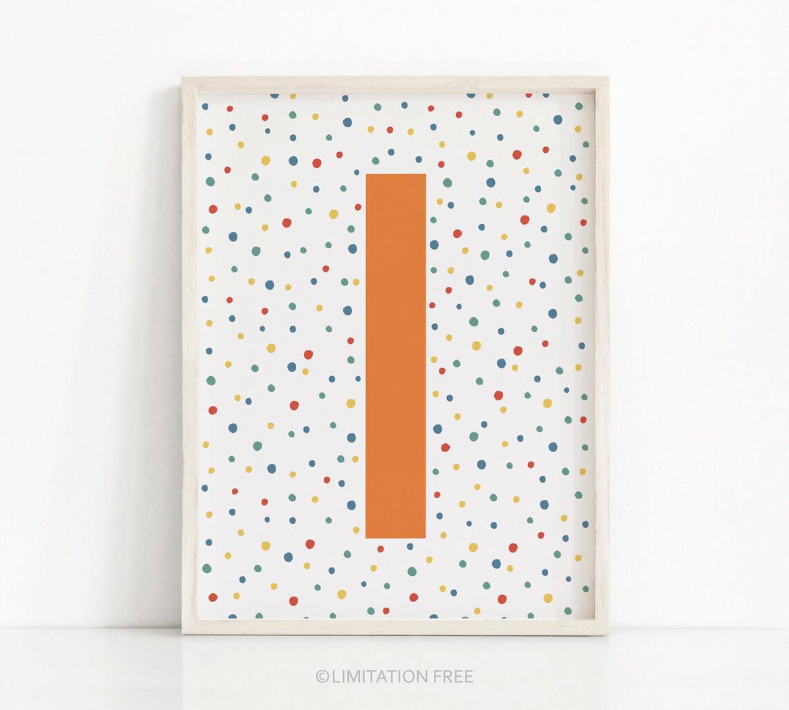 Letter I Monogram Orange Polka Dots Nursery Print Kids Wall Art
