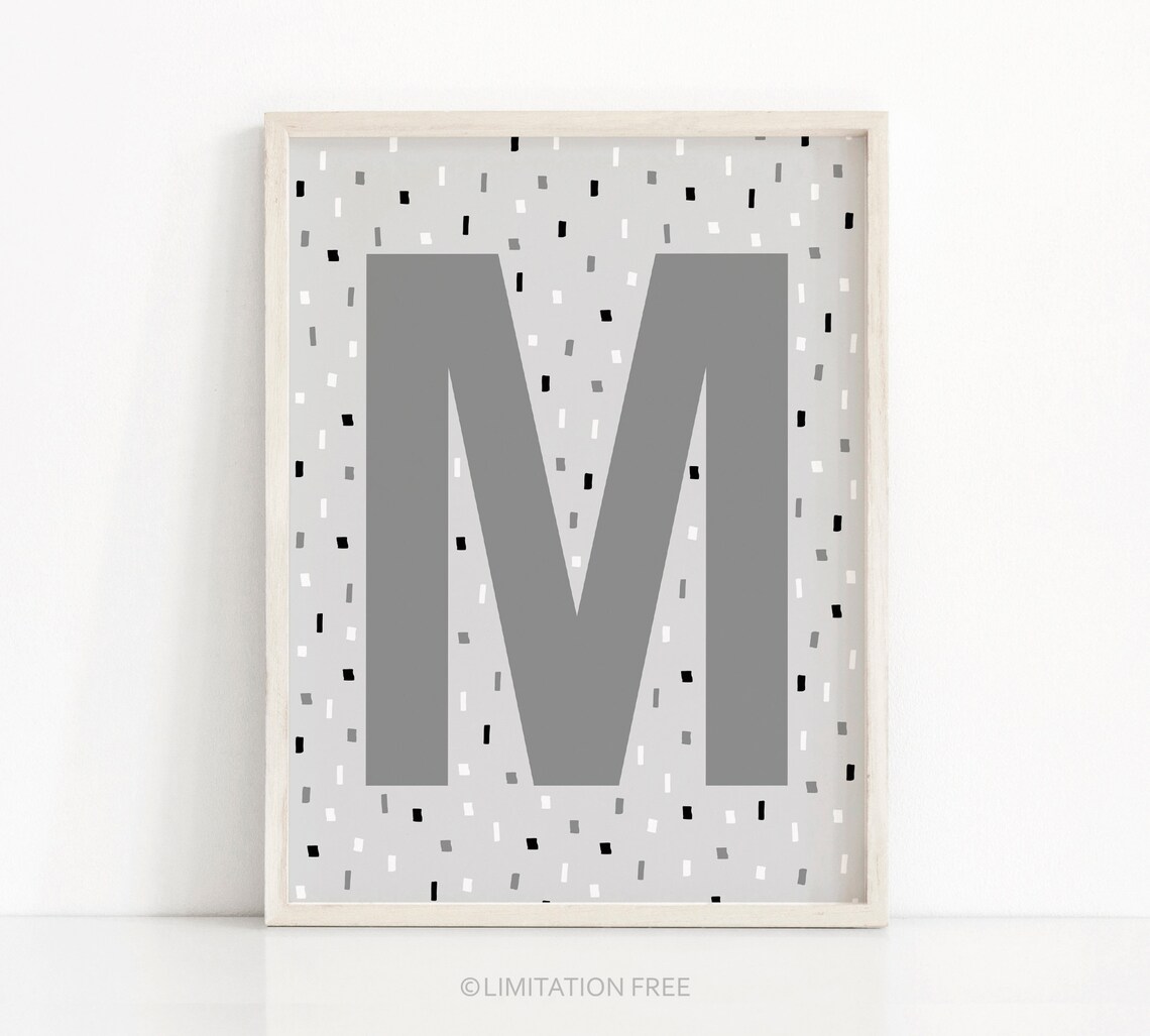 Letter M Monogram Grey Confetti Nursery Print Kids Room Wall Art