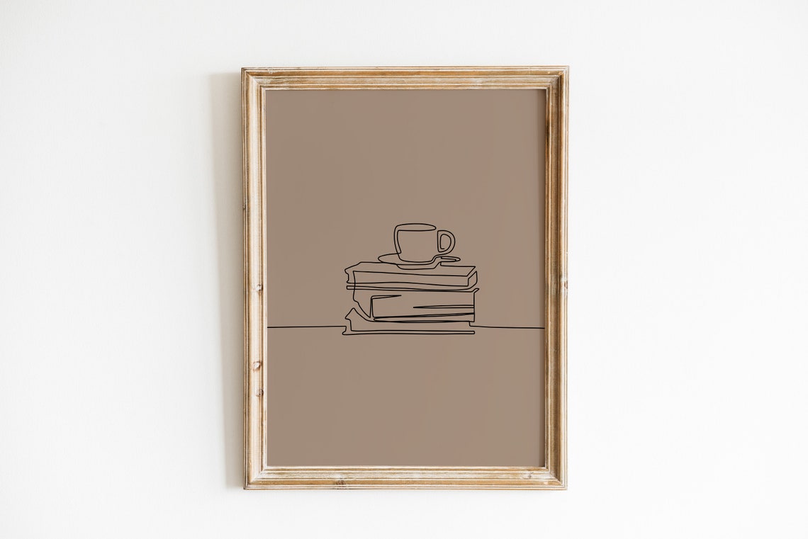 Coffee Cup Resting On Stacked Books Minimalist Fine Line Art Poster - Image 4