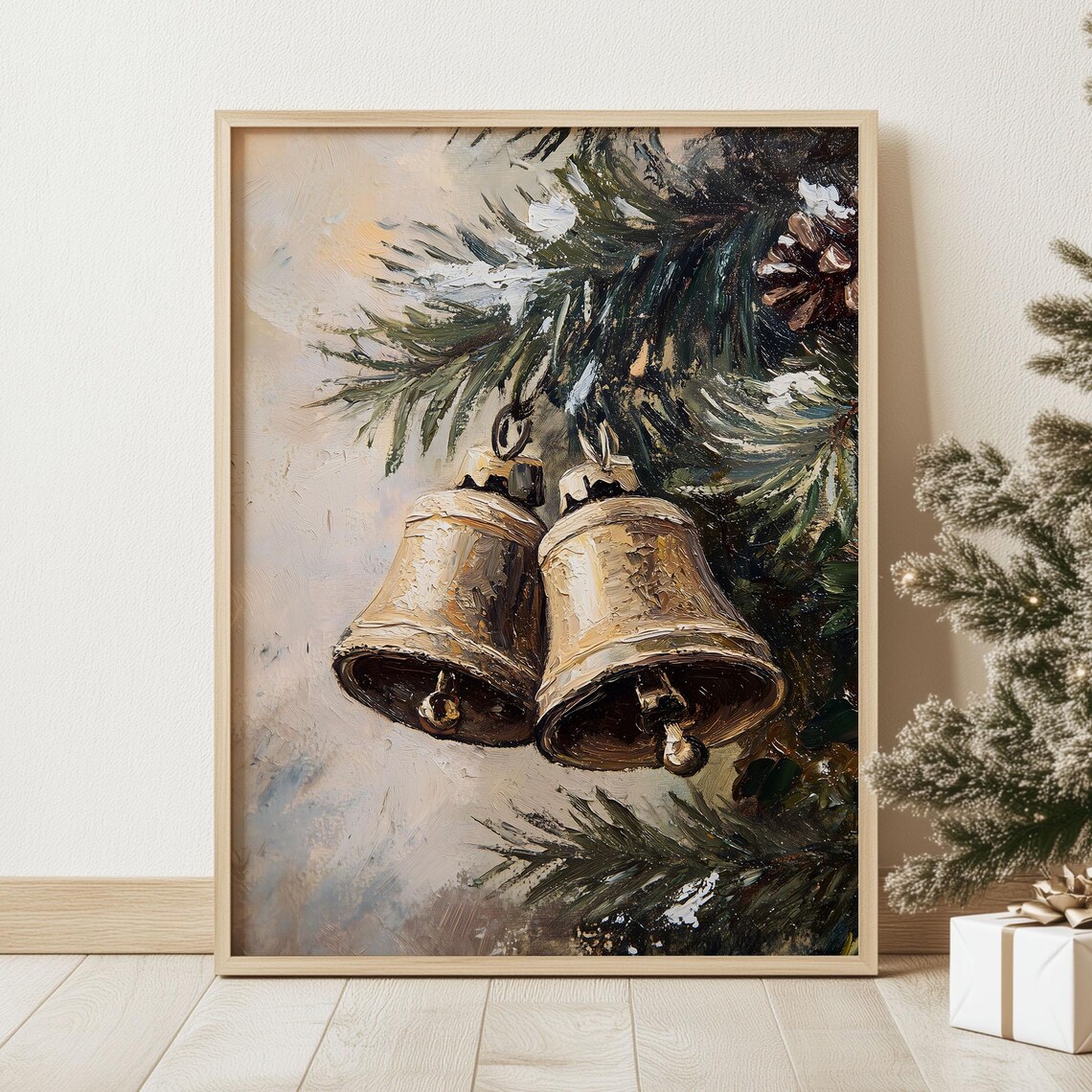 Vintage Two Brass Christmas Bells on Pine Branch Holiday Art Poster - Image 2