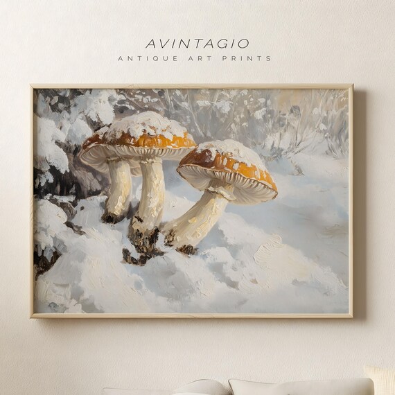 Snow Capped Mushrooms in Frosty Forest Still Life Painting Poster