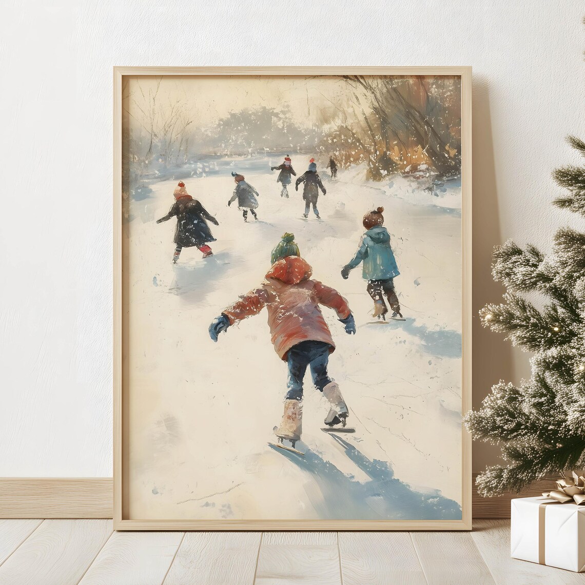 Children Ice Skating on Frozen Pond Vintage Winter Scene Poster - Image 2