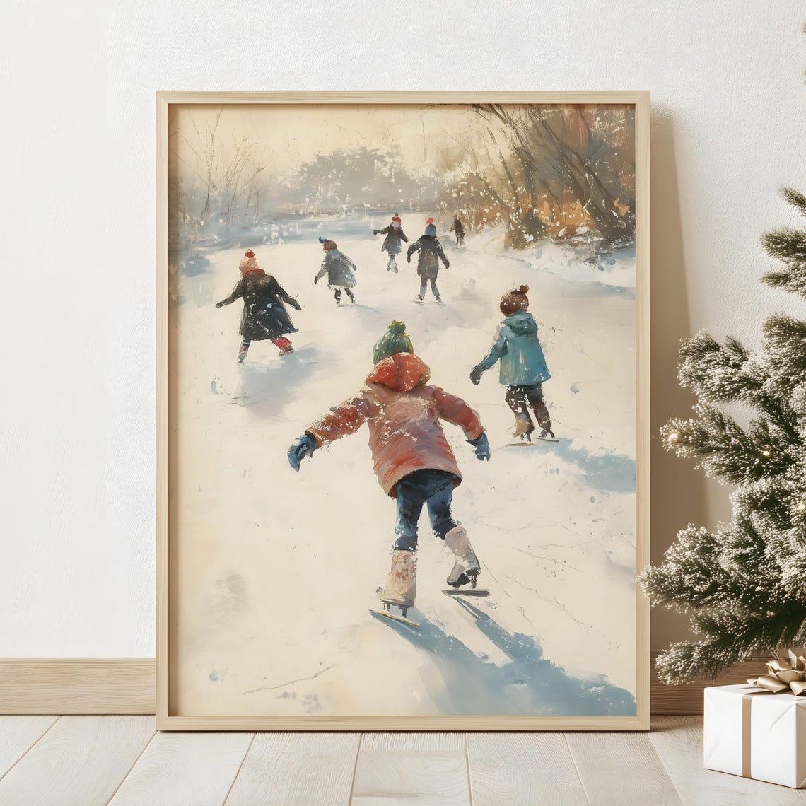 Kids Skating On Winter Wonderland Christmas Scene Wall Art Vintage Holiday Season Fireplace Mantel Decor Antique Snowy Oil Painting Poster - Image 2