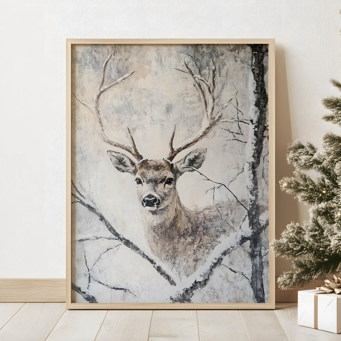 Majestic Stag with Antlers in Snowy Forest Muted Painting Poster - Image 2