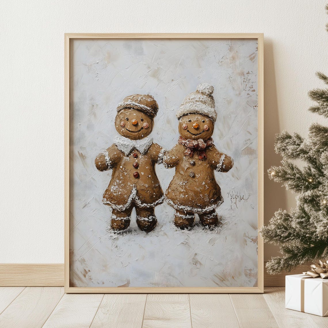 Gingerbread Couple in Winter Hats Rustic Christmas Painting Poster - Image 2