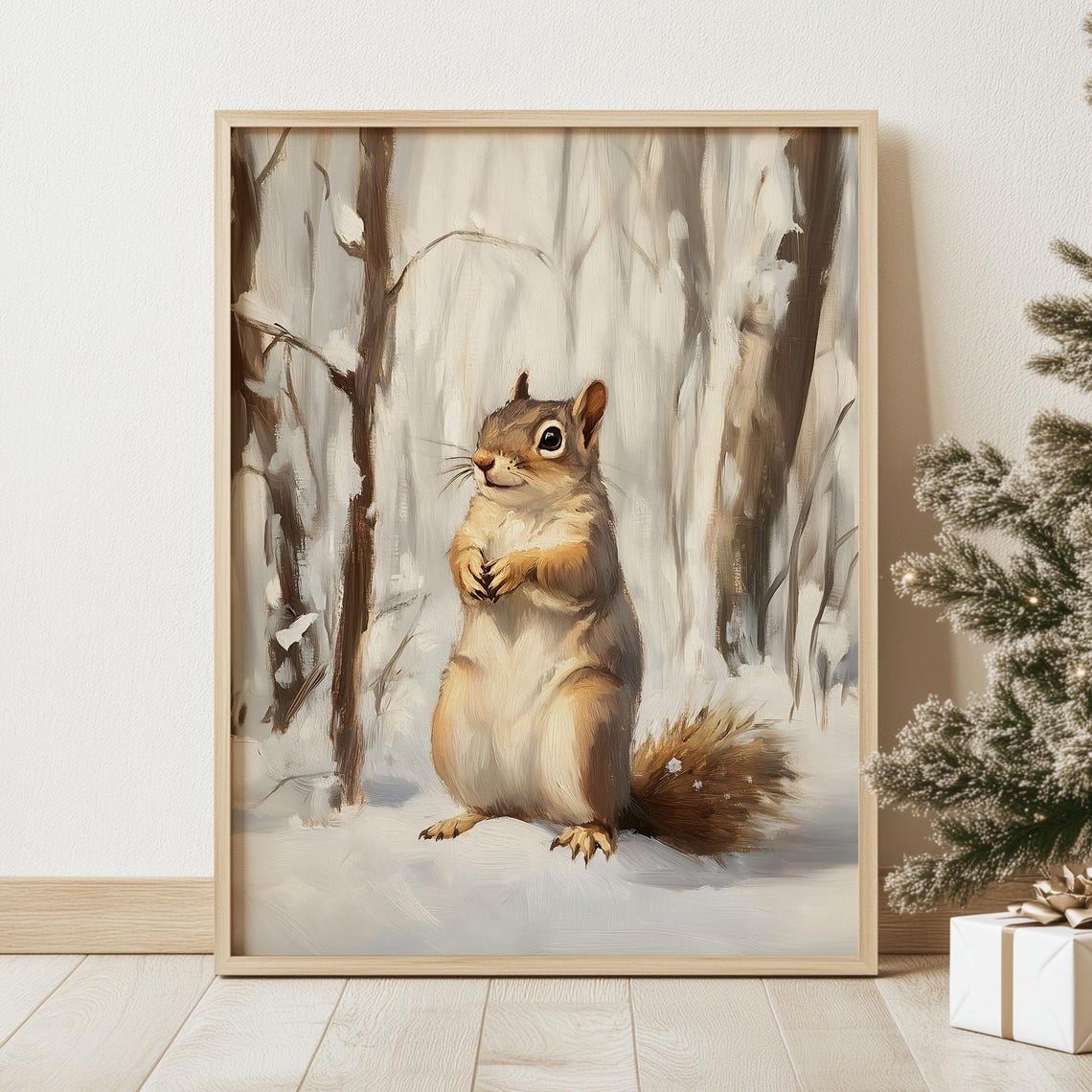 Cute Squirrel in Snowy Birch Christmas Forest Winter Art Poster - Image 2