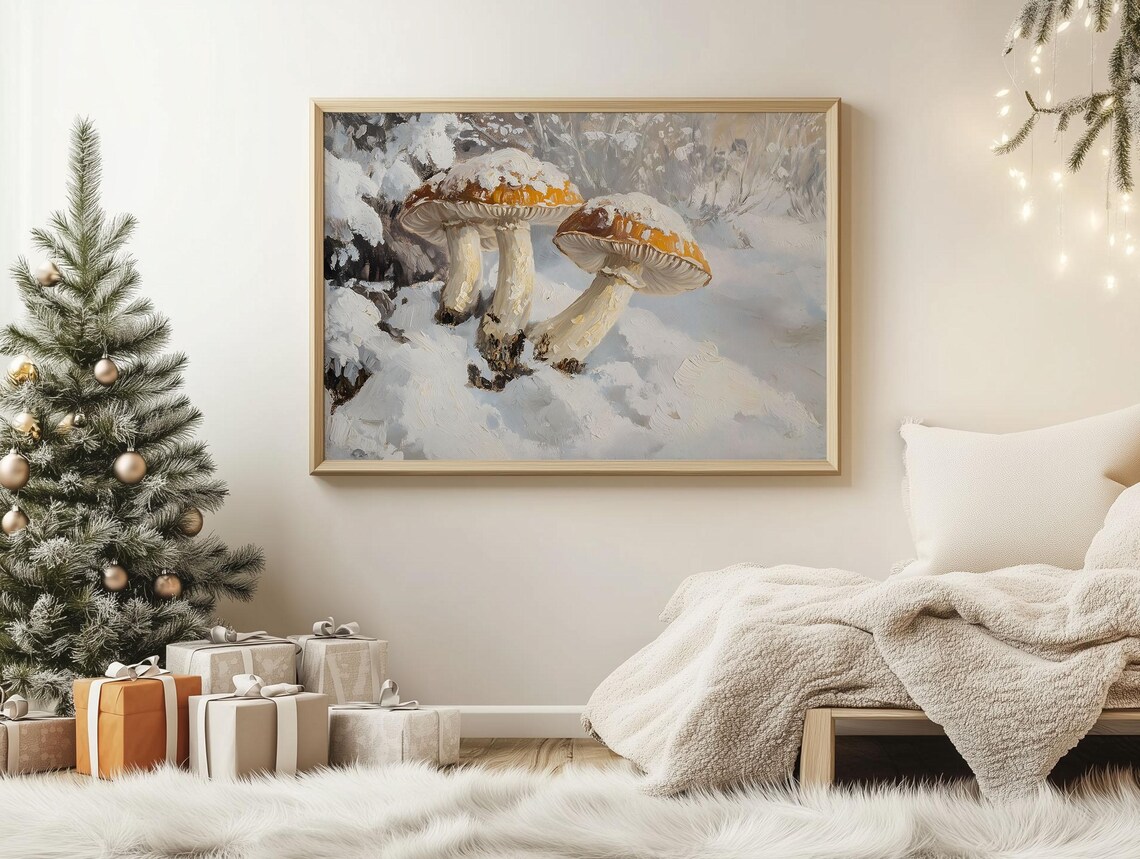 Snow Capped Mushrooms in Frosty Forest Still Life Painting Poster - Image 2